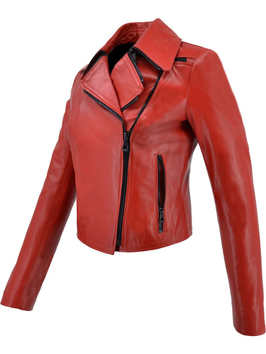 Women's Short Lifestyle Leather Jacket for Winter Red