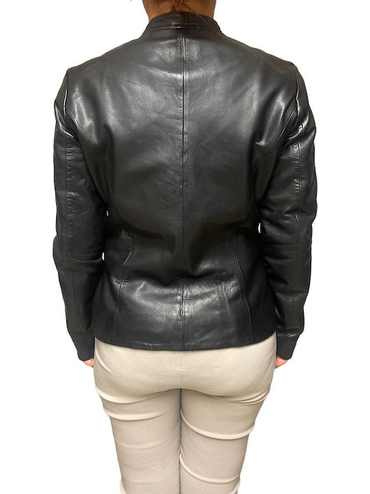 Women's Short Lifestyle Leather Jacket for Winter Black