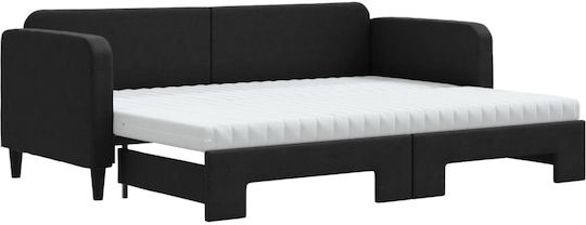 Canapea Pat Single din Lemn Masiv Negru cu Lamele & Saltea 80x200cm