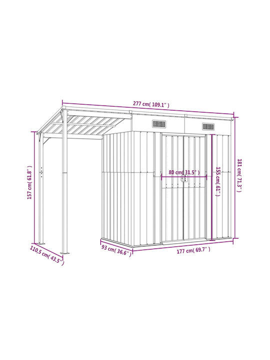 Metallische Gartenhaus Galvanisiert mit Lüftungsschlitzen M2.77xB1.105xH1.81m