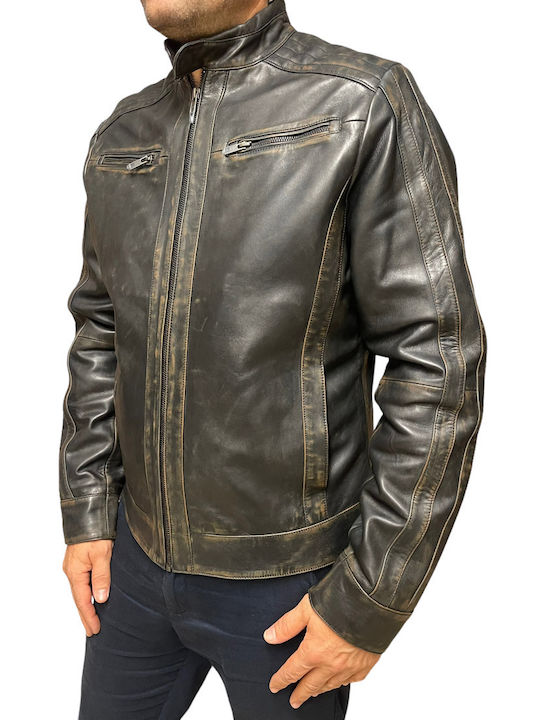 MARKOS LEATHER Ανδρικό Δερμάτινο Χειμωνιάτικο Μπουφάν Biker Μαύρο