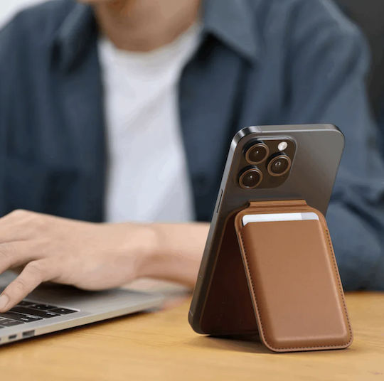 Satechi Vegan-Leather Magnetic Wallet Βάση Γραφείου για Κινητό σε Καφέ χρώμα