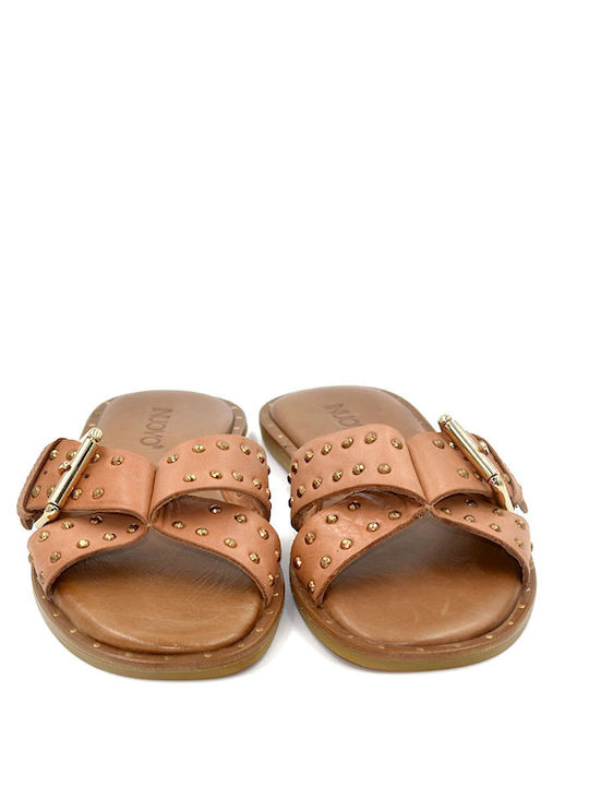 Leather Women's Flat Sandals in Tabac Brown Color