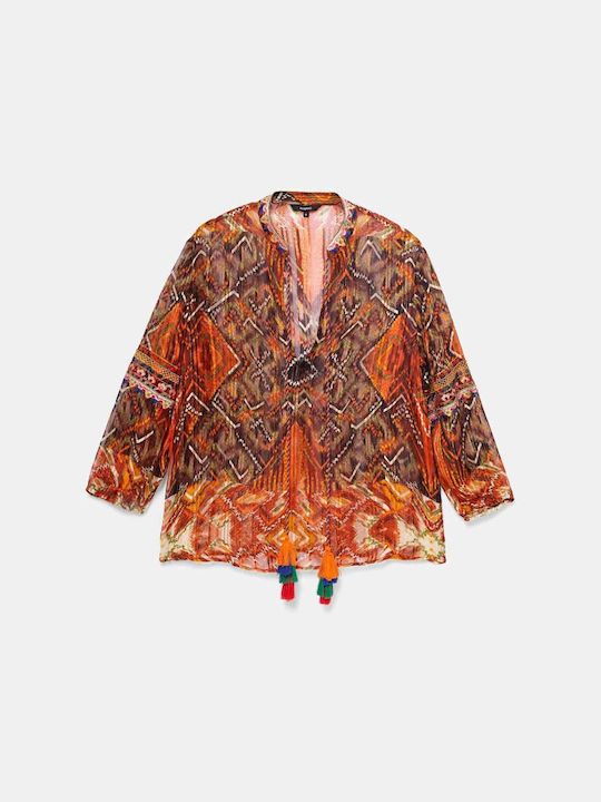 Boho Μilan Sommerlich Tunika Langärmelig Blumen Mehrfarbig