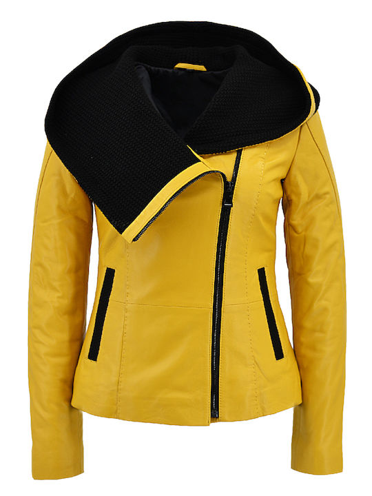 Δερμάτινα 100 Women's Short Lifestyle Leather Jacket for Winter with Hood Yellow