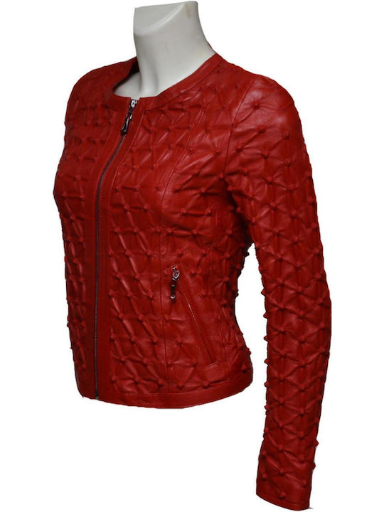 Women's Short Lifestyle Leather Jacket for Winter Red
