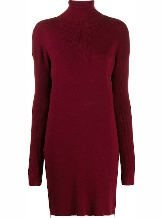 Rochie Mini Tricotată Cu Guler Înalt Burgundy