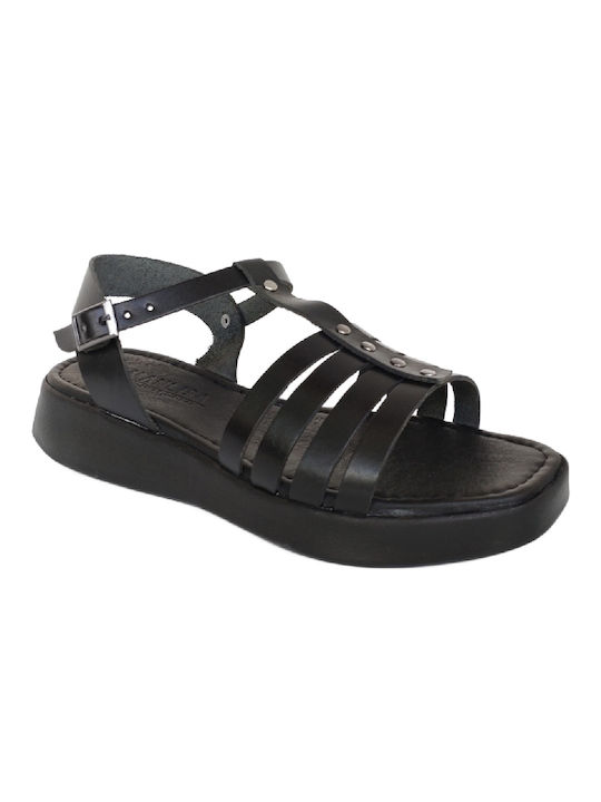 Manlisa 56. Leather Women's Flat Sandals with Strap in Black Color