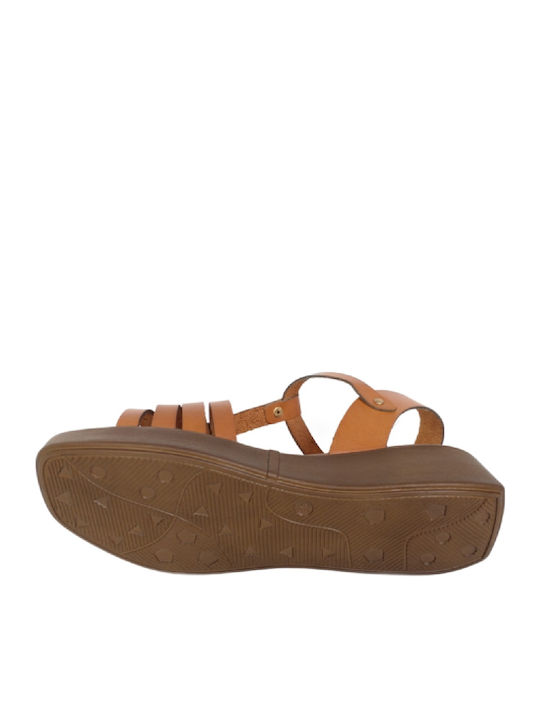 56. Leather Women's Flat Sandals with Strap in Tabac Brown Color