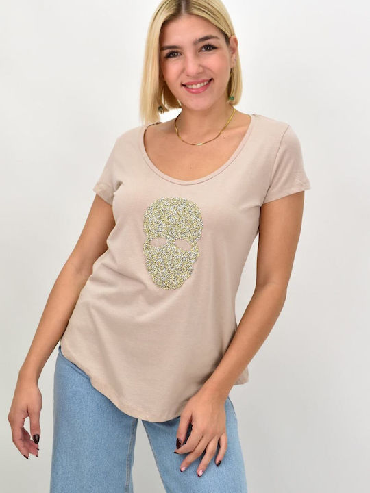 Potre Damen Bluse Baumwolle Kurzärmelig Beige