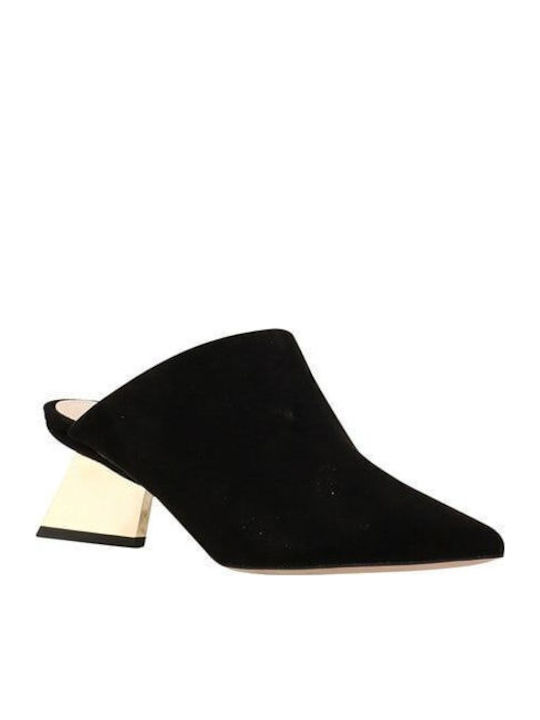 Suede Mules with Chunky Low Heel in Black Color