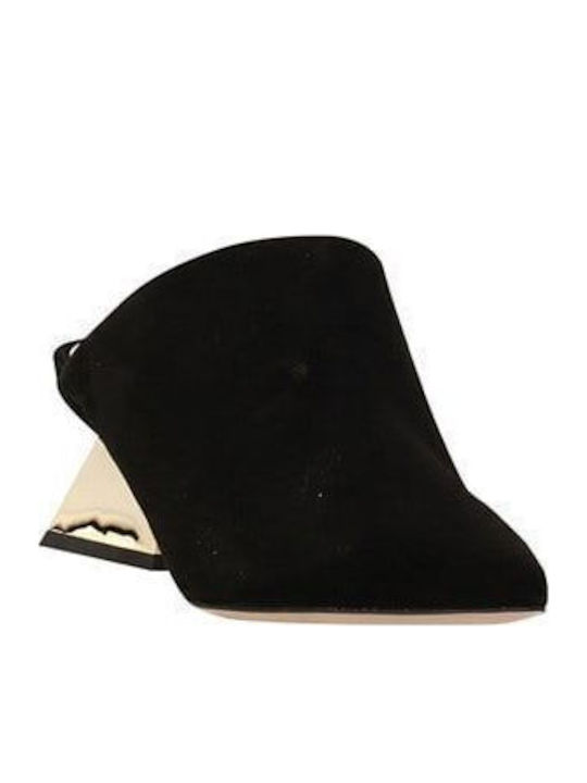 Suede Mules with Chunky Low Heel in Black Color