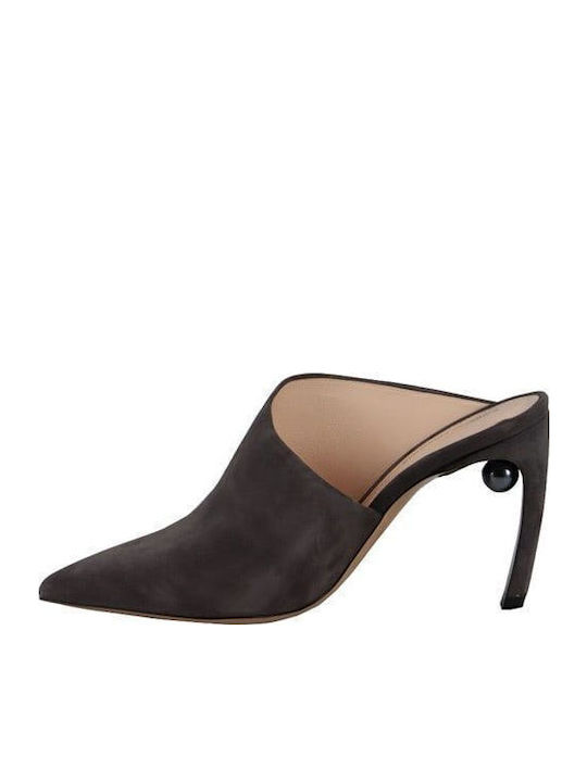 Suede Mules με Λεπτό Ψηλό Τακούνι σε Γκρι Χρώμα