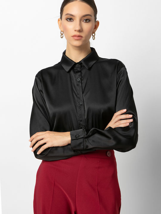 Long Sleeve Women's Satin Shirt Black
