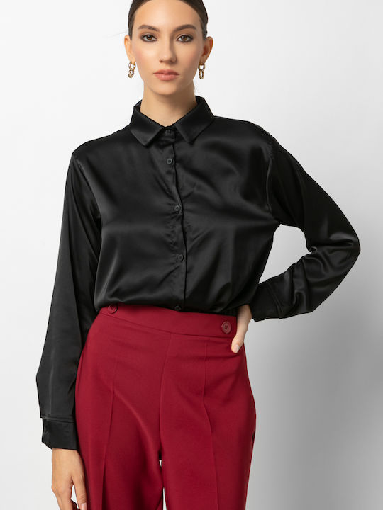 Long Sleeve Women's Satin Shirt Black