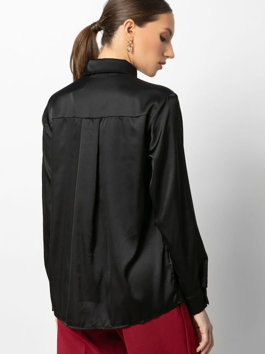 Long Sleeve Women's Satin Shirt Black