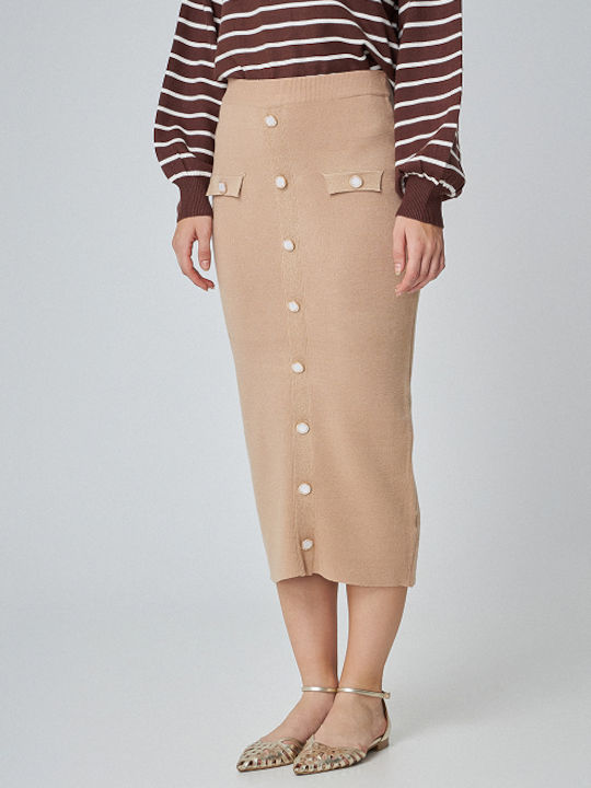 Desiree Pencil High Waist Midi Skirt in Beige color