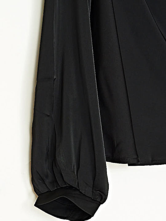 Damen Bluse Satin Langärmelig Drapierung Schwarz