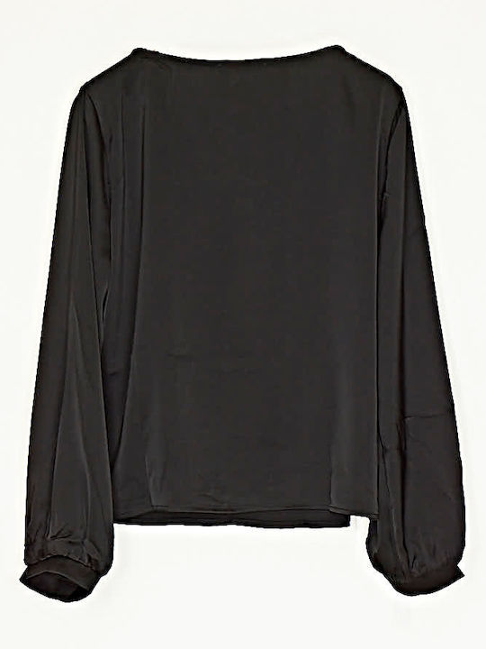 Damen Bluse Satin Langärmelig Drapierung Schwarz