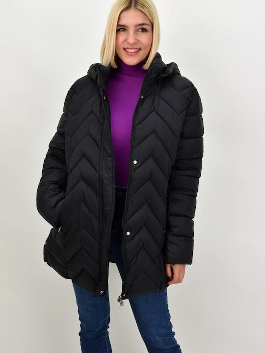 Potre Women's Short Puffer Jacket for Winter with Hood Black