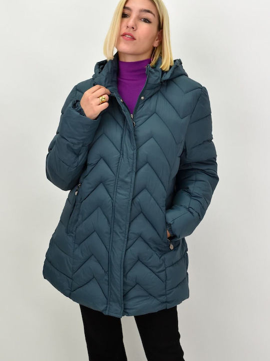 Potre Women's Short Puffer Jacket for Winter with Hood Blue