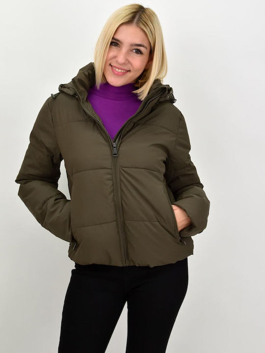 Potre Women's Short Puffer Jacket for Winter with Detachable Hood Khaki