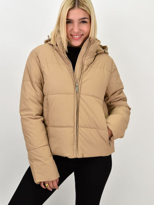 Potre Women's Short Puffer Jacket for Winter with Detachable Hood Beige