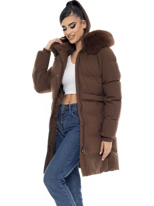Women's Long Puffer Jacket for Winter with Hood Brown