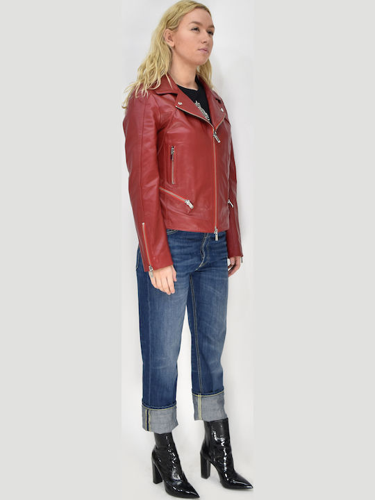 Women's Short Biker Leather Jacket for Winter Red