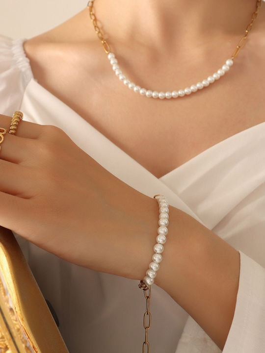 Callajewels Комплект с Колие от Inox Златно с Перли