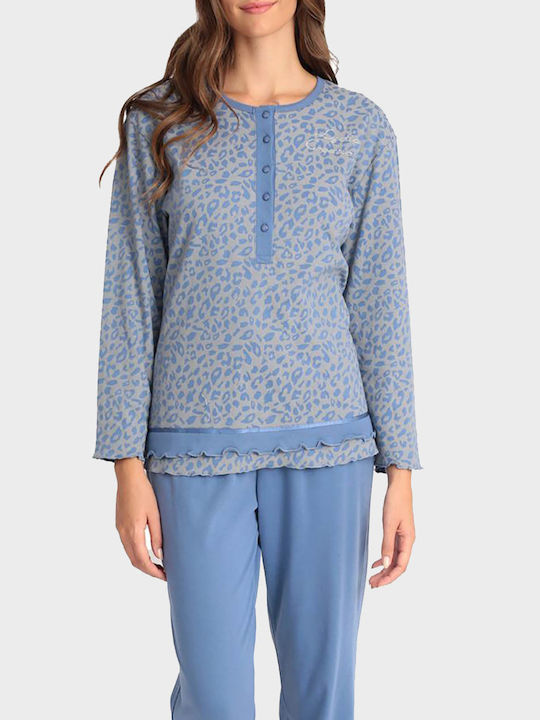 Lydia Creations Winter Women's Pyjama Set Cotton Light Blue