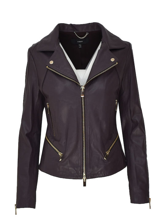 Women's Short Biker Leather Jacket for Winter Purple