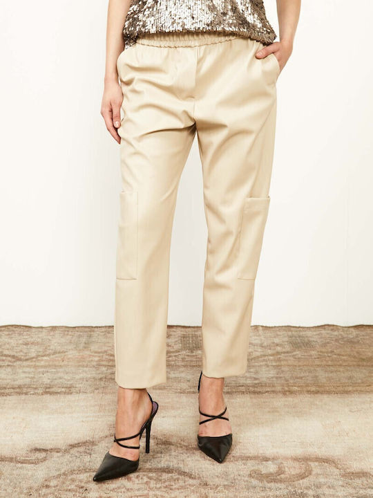 Souvenir Women's Leather Cargo Trousers Beige