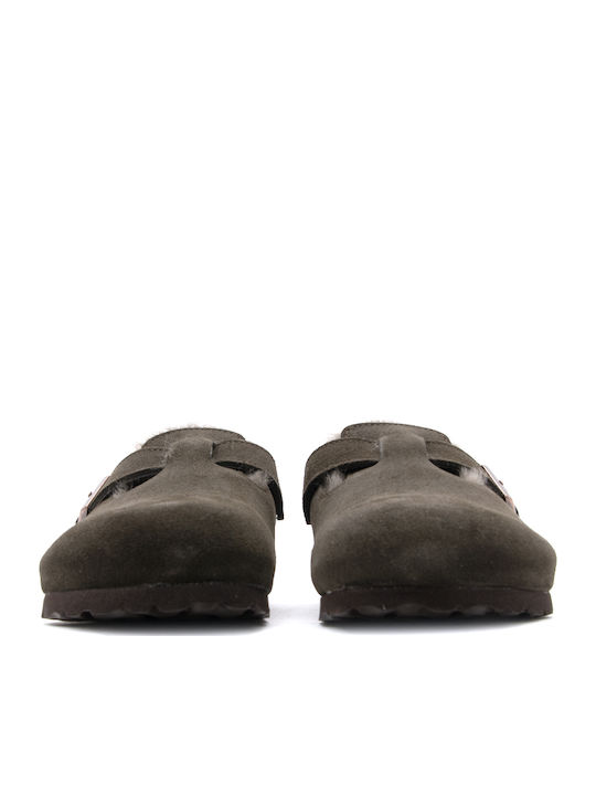 Boston Suede Shearling Χειμερινές Γυναικείες Παντόφλες με Γούνα Mocca Narrow Fit