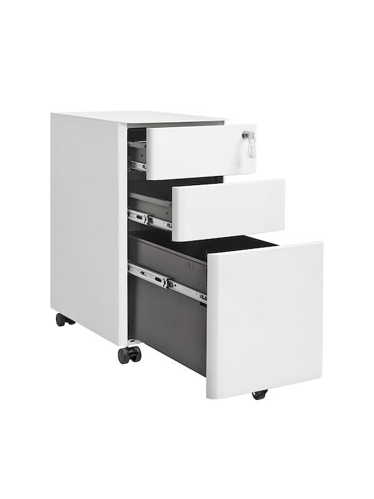 Office Storage Metal Drawer with Wheels, Lock & 3 Drawers White L46xW30xH59.2cm