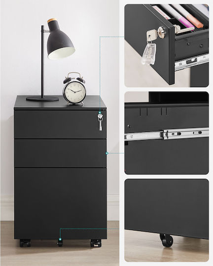 Büroaufbewahrungsschublade aus Metall mit Rädern und Schloss Schwarz 52x39x60cm