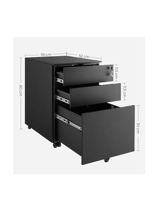 Sertar de Birou Metalică cu Roți, Cheie & 3 Sertare Negru 52x39x60cm