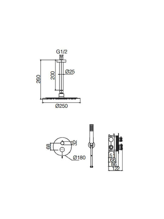 Imex Built-in Mixer & Shower Head Set for Shower 2 Exits Inox Silver