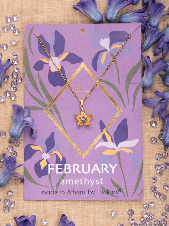 LifeLikes Birthstone Necklace with Flower Design Gold Plated Purple