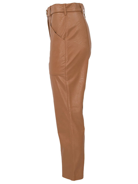 Women's High-waisted Fabric Trousers Slim Fit Brown