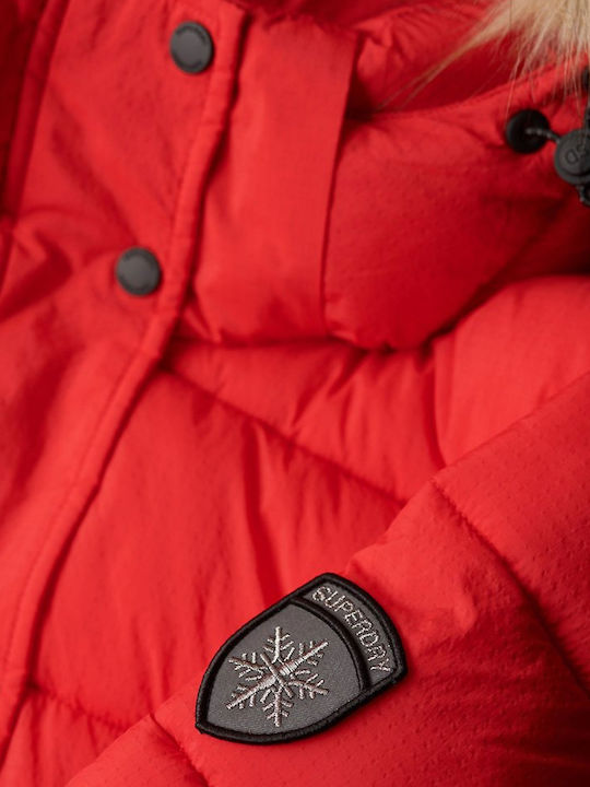 D3 Ovin Faux Women's Short Puffer Jacket for Winter with Hood Red
