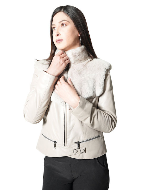 MARKOS LEATHER Women's Short Lifestyle Leather Jacket for Winter Beige