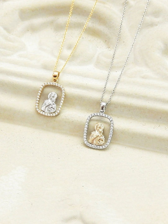 Polytimo Anhänger Kinder Amulett mit Kette mit der Jungfrau Maria aus Weißgold 9K XPK-107