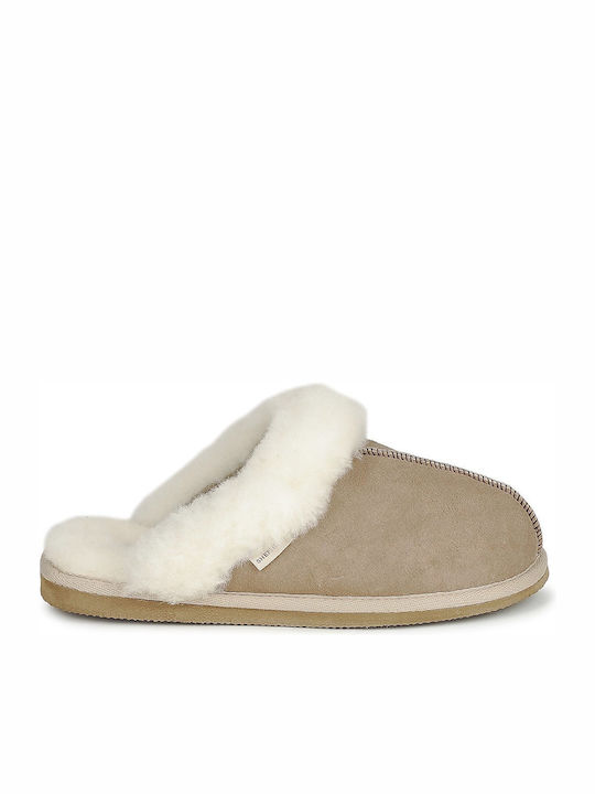 Lederne Winter Damen Hausschuhe Beige
