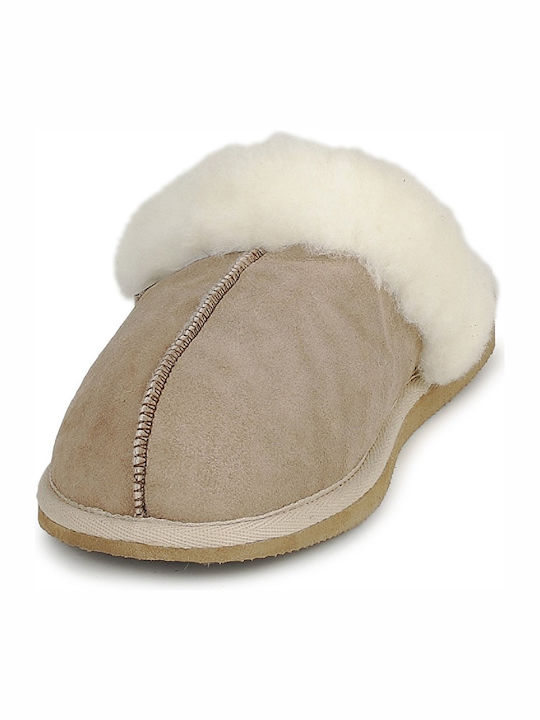 Lederne Winter Damen Hausschuhe Beige
