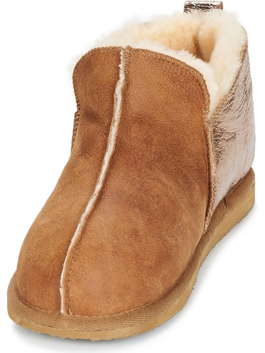 Leather Winter Women's Slippers Brown