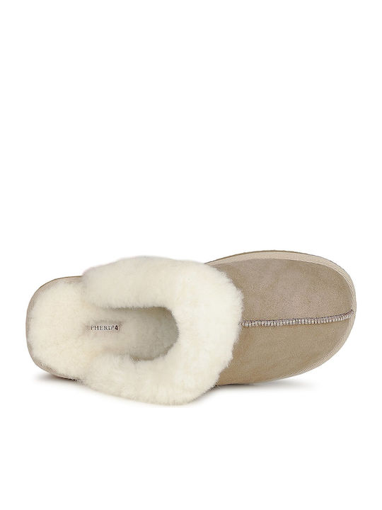Lederne Winter Damen Hausschuhe Beige