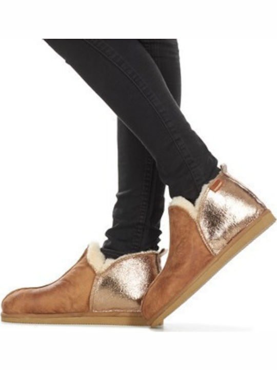 Leather Winter Women's Slippers Brown