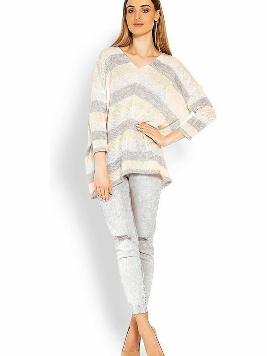 PeeKaBoo Women's Long Sleeve Sweater with V Neckline Striped Yellow