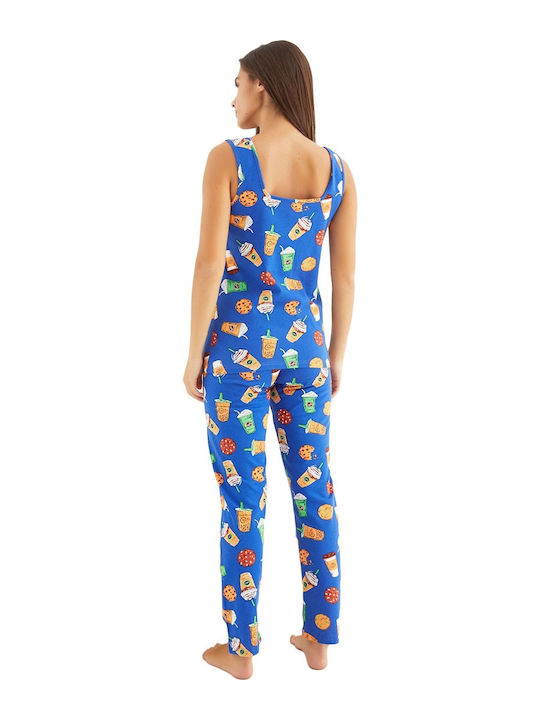 Siyah Inci De vară De bumbac Pantaloni Pijamale pentru Femei Albastru